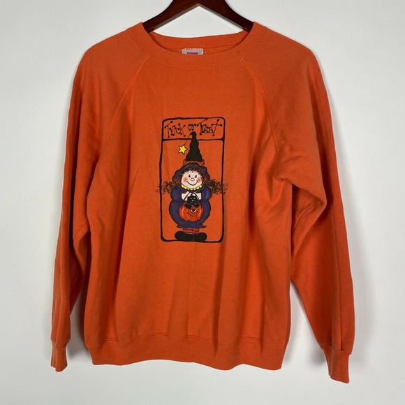Hanes Tops - Vtg Halloween Witch Cat Trick or Treat Sweater L‎ Hanes Her Way Sweatshirt 90s